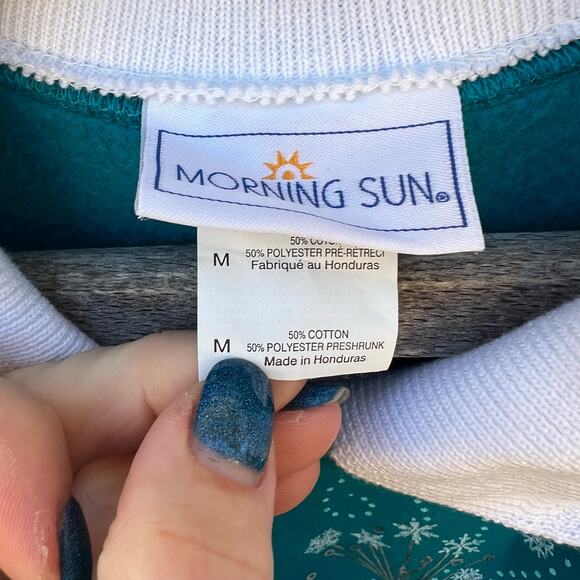 Vintage 90s Morning Sun Teal Dandelion Snowflakes in the Wind Sweatshirt MEDIUM - Picture 5 of 6